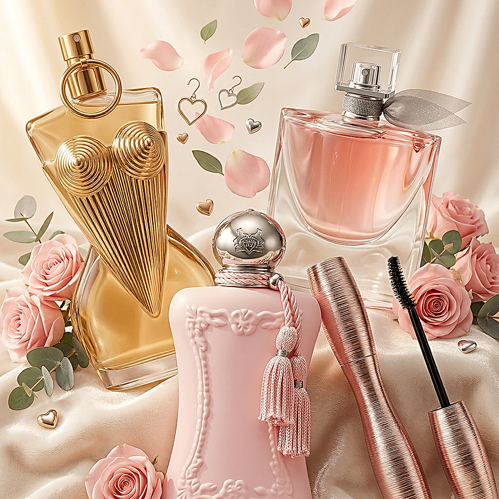 Promotiebeeld met een collectie van nieuwe luxe parfums en cosmetica.