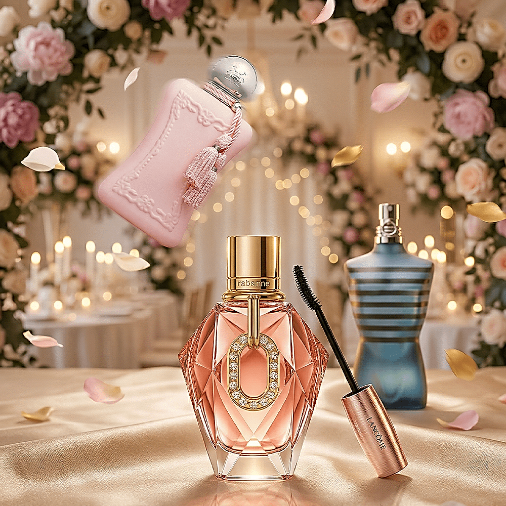 Promotiebeeld met een collectie van nieuwe luxe parfums en cosmetica.