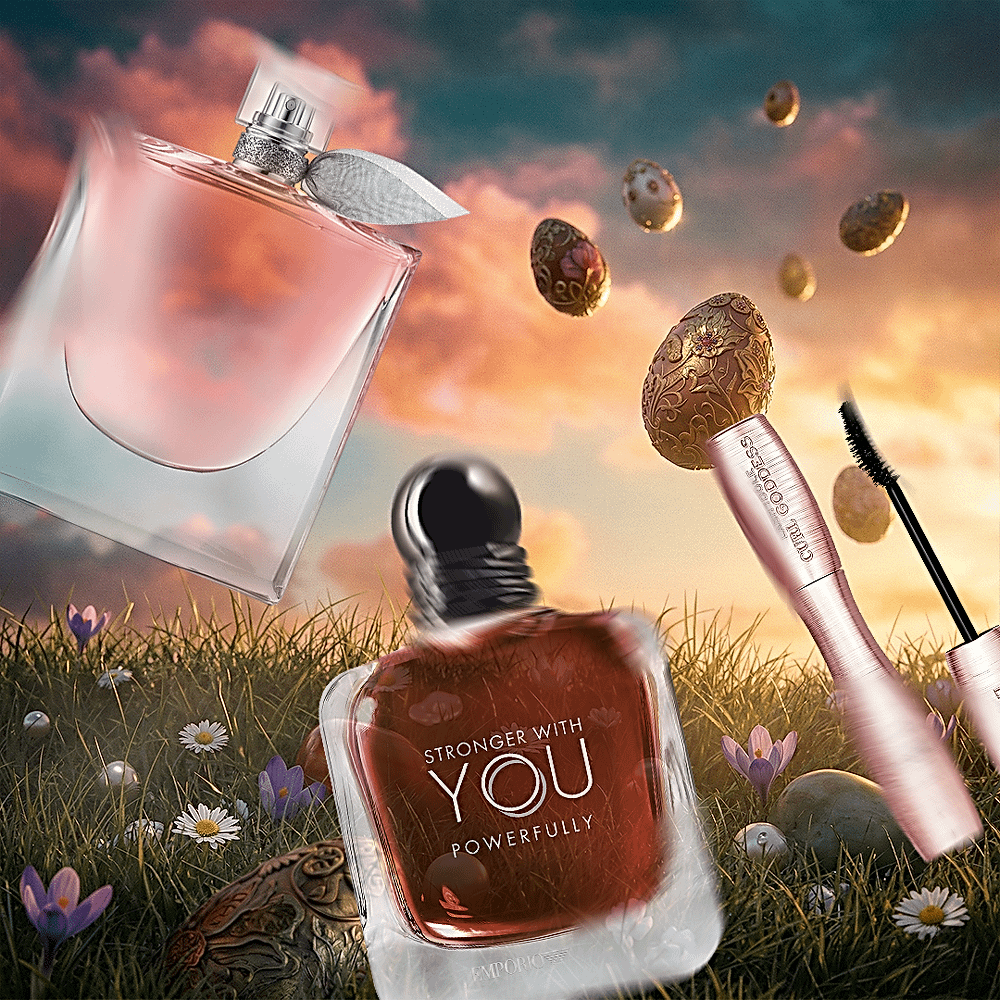 Promotiebeeld met een collectie van nieuwe luxe parfums en cosmetica.